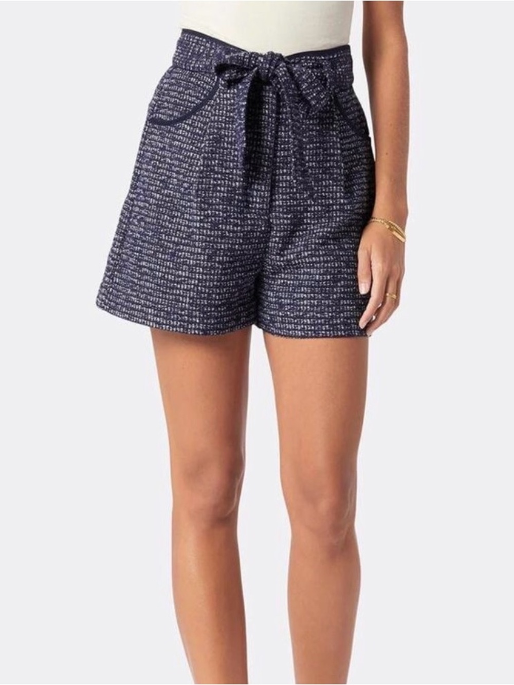 Joie Navy Textured Tie-Waist High-Rise Shorts
